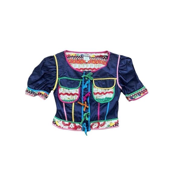 Vintage moschino puff sleeve button down patchwork crop navy blazer jacket - Picture 1 of 6